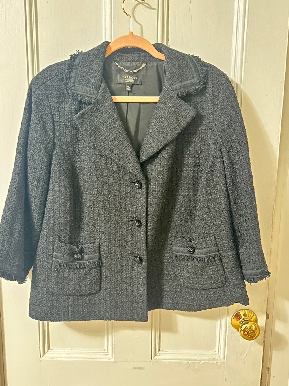 Talbots Woman Petites 16W Black Tweed Blazer Jet Bead Buttons